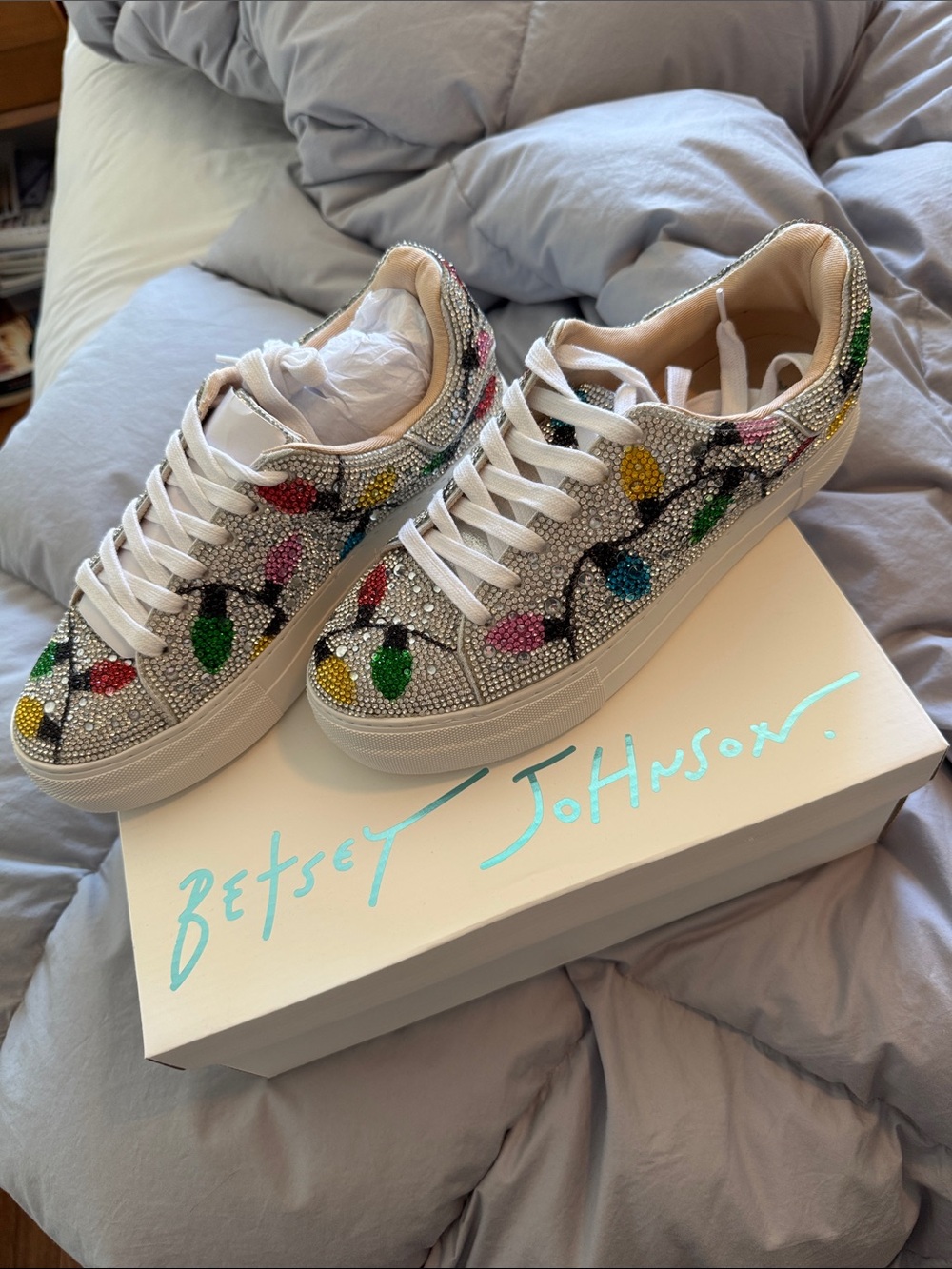 Betsey Johnson White Crystal Sneakers with Multicolored Holiday Light Motif